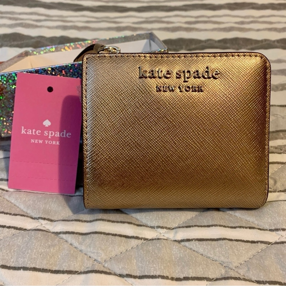 Kate Spade Rose Metallic L-Zip Bifold Wallet